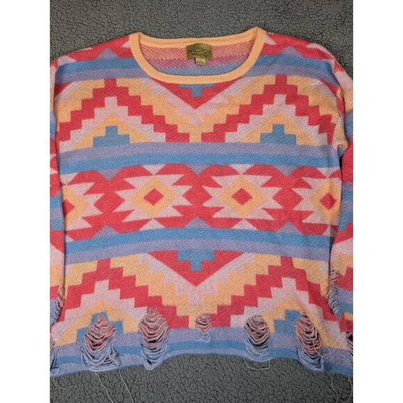 WILDFOX White Label Sweater Aztec Pink Blue Round Neck Size Large Distressed - Picture 2 of 9